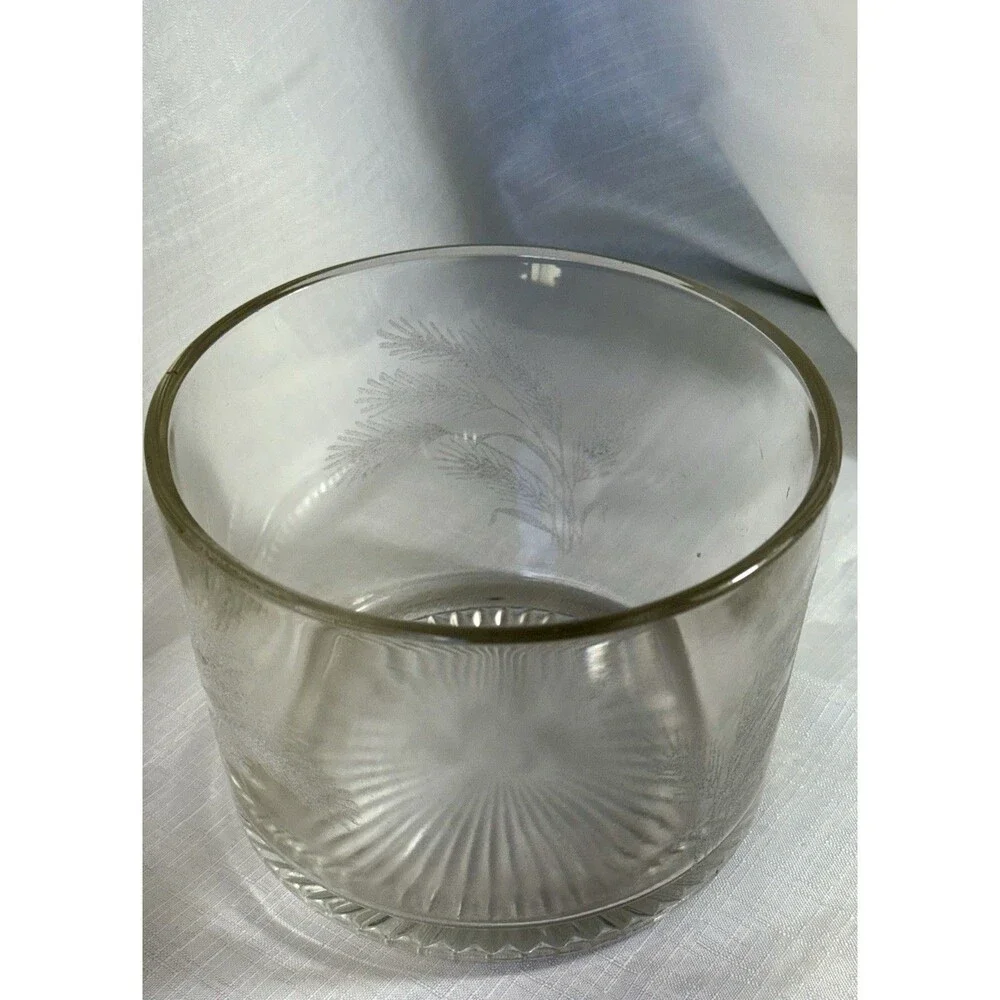 Vintage Clear Glass Ice Bucket Engraved Wheat Scene Pressed Glass Starburst MCM